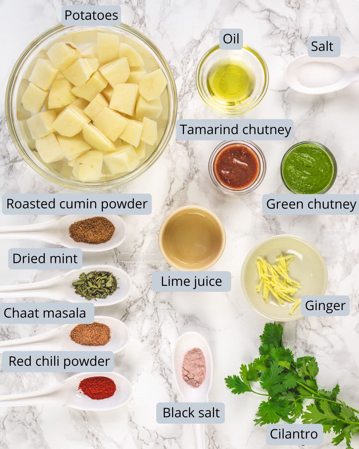 Aloo chaat recipe ingredients in bowls and spoons with labels.