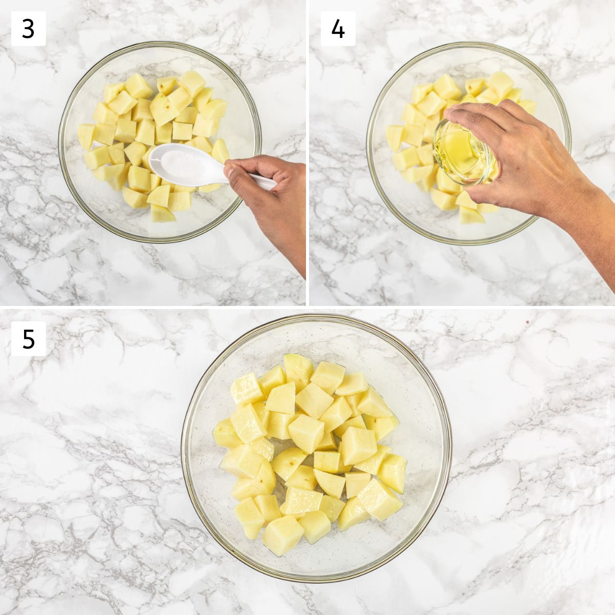 Collage of 3 images showing tossing potatoes with oil and salt.