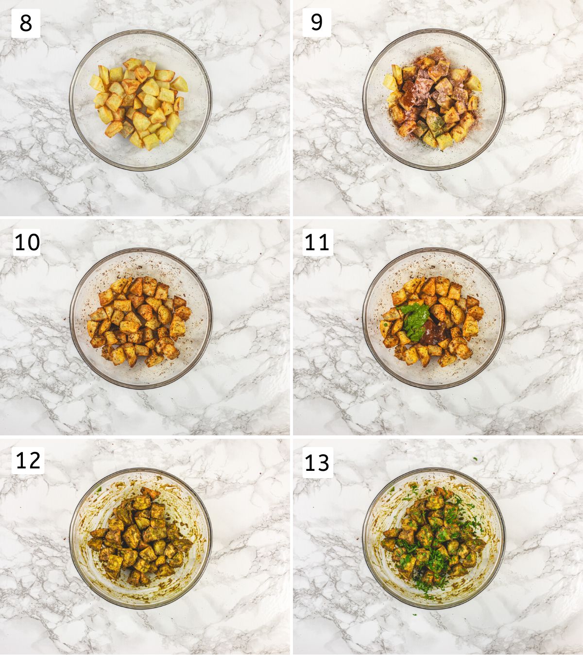 Collage of 6 images showing tossing air-fried potatoes with spices, chutneys and cilantro.