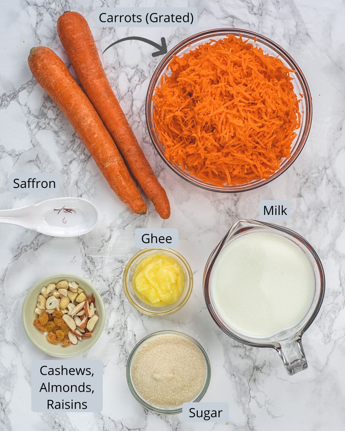 Gajar halwa ingredients in bowls and cups with labels.