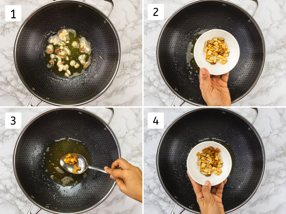 Collage of 4 images showing frying nuts and raisins and removed to a bowl.