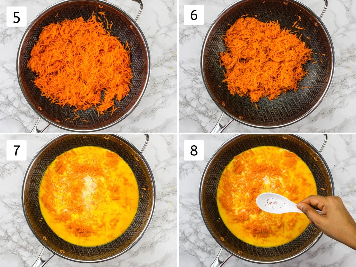 Collage of 4 images showing sauteeing carrots and adding milk, saffron.