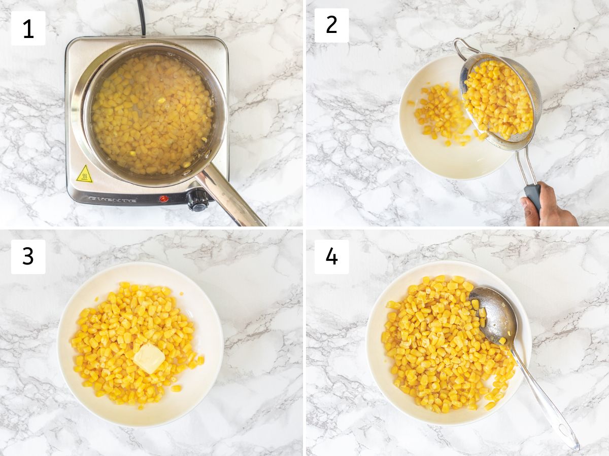 Collage of 4 images showing boiling corn, adding to a bowl, adding and mixing butter.