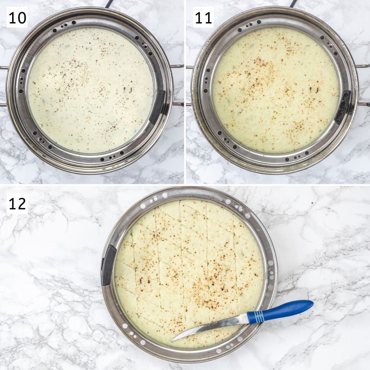 Collage of 3 images showing steaming dhokla and cut into diamonds.