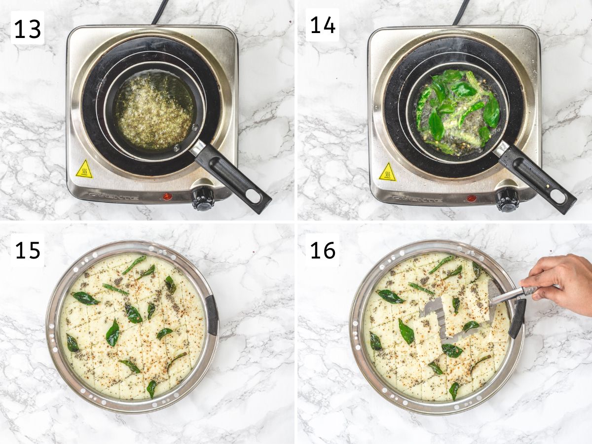 Collage of 4 images showing making tempering, pouring over dhokla and removing pieces.