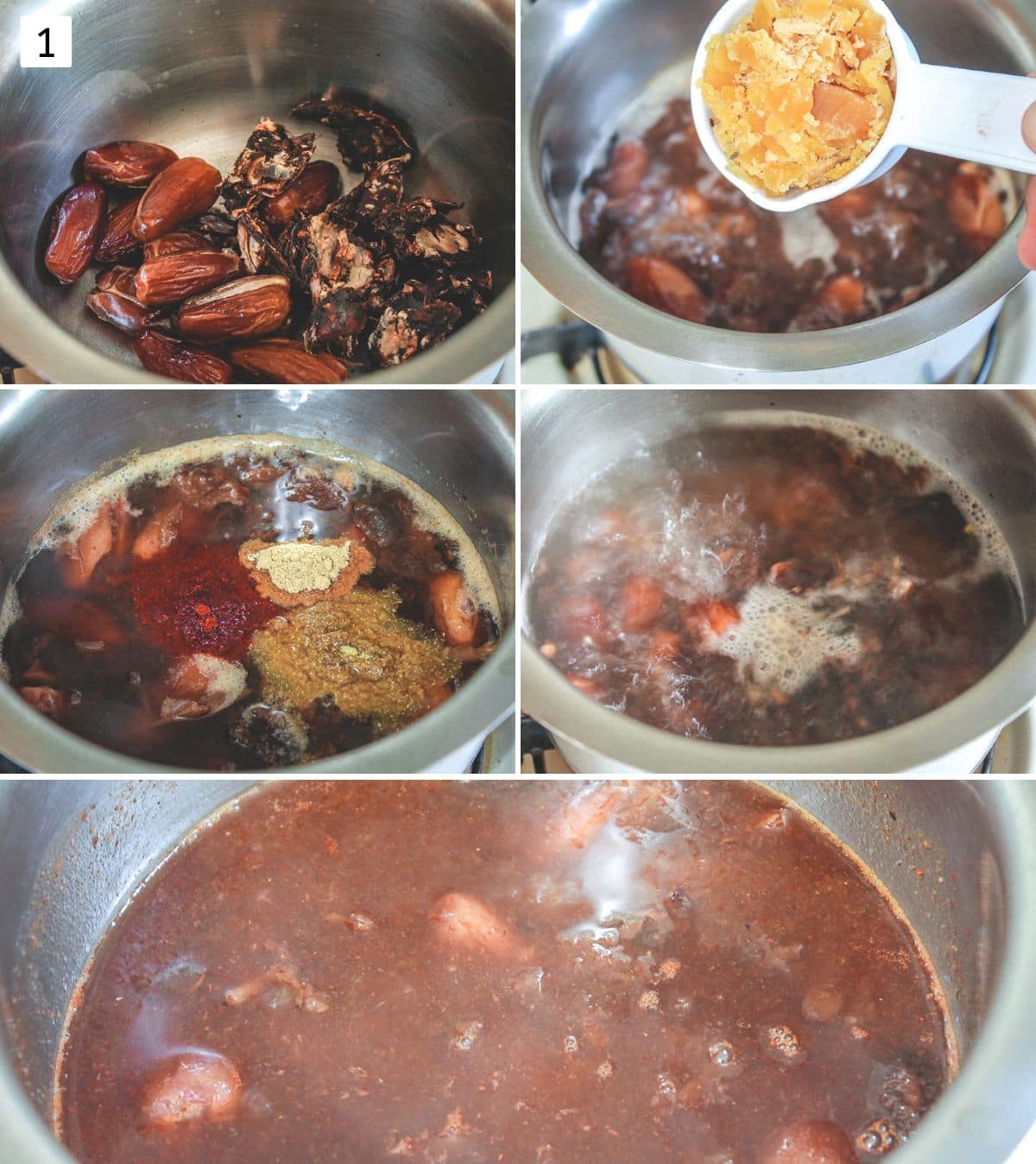Collage of 5 images showing chutney ingredients in a saucepan.