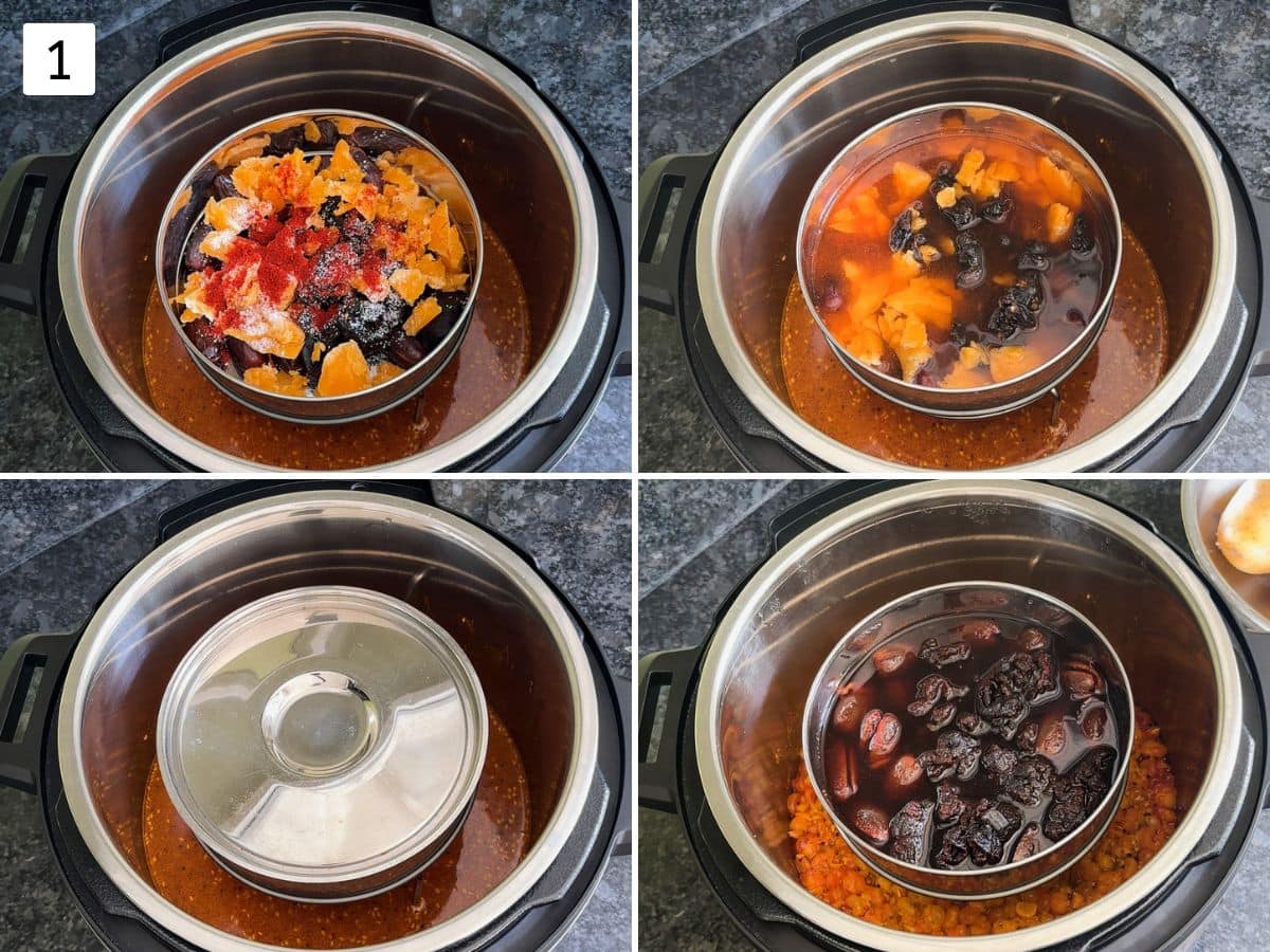 Collage of 4 images showing cooking chutney in instant pot.