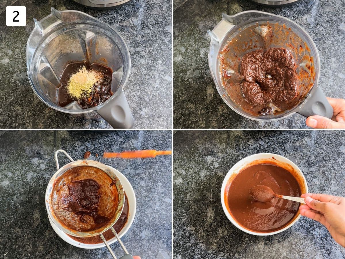 Collage of 4 images showing grinding and straining meethi chutney.