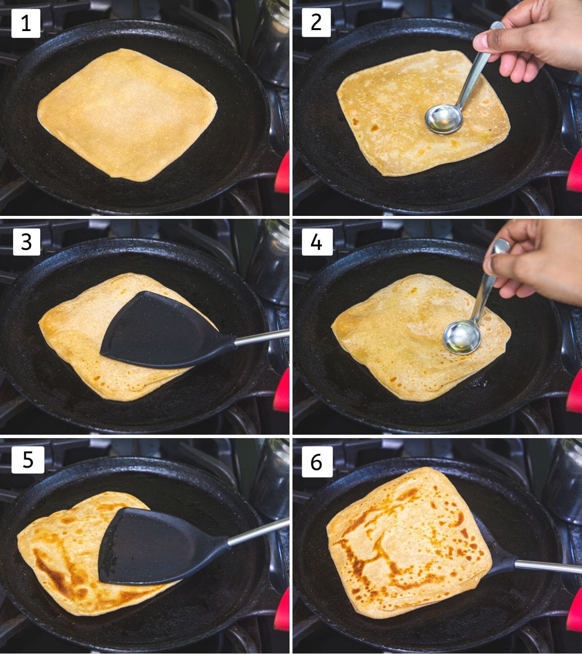 Collage of 6 images showing cooking paratha on tawa by drizzling oil and pressing with spatula.