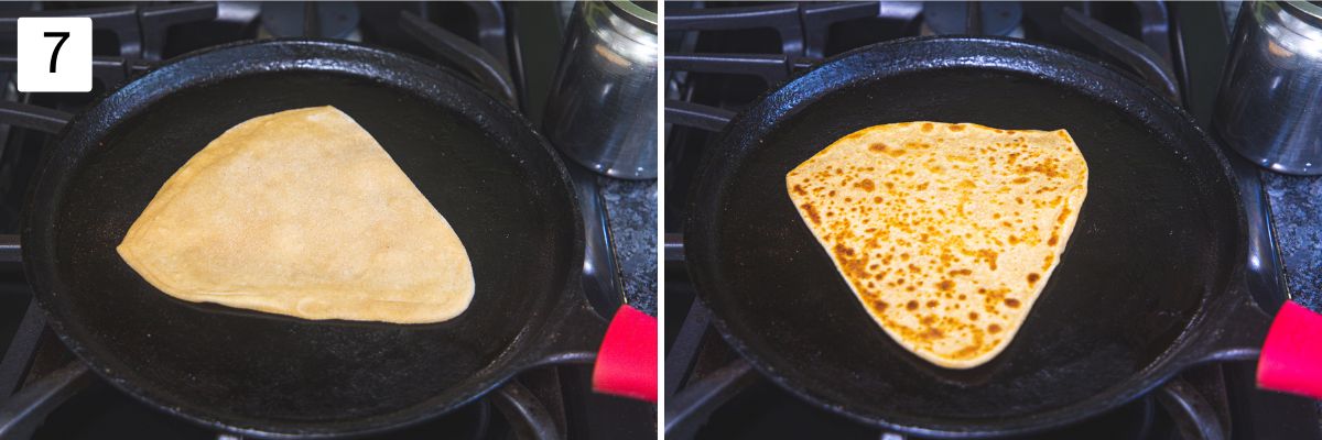 Collage of 2 images showing cooking triangle paratha.