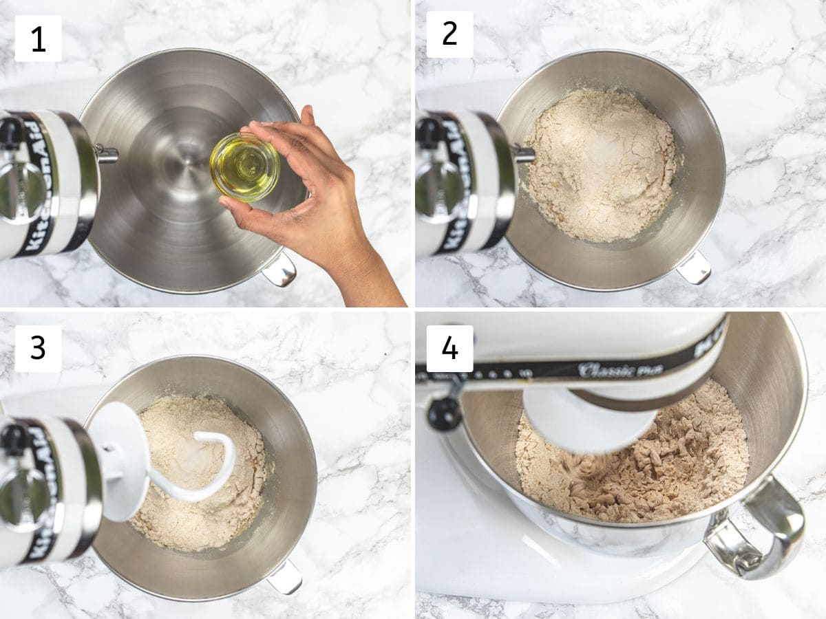 Collage of 4 images showing adding water, oil, flour and salt in a bowl and kneading.