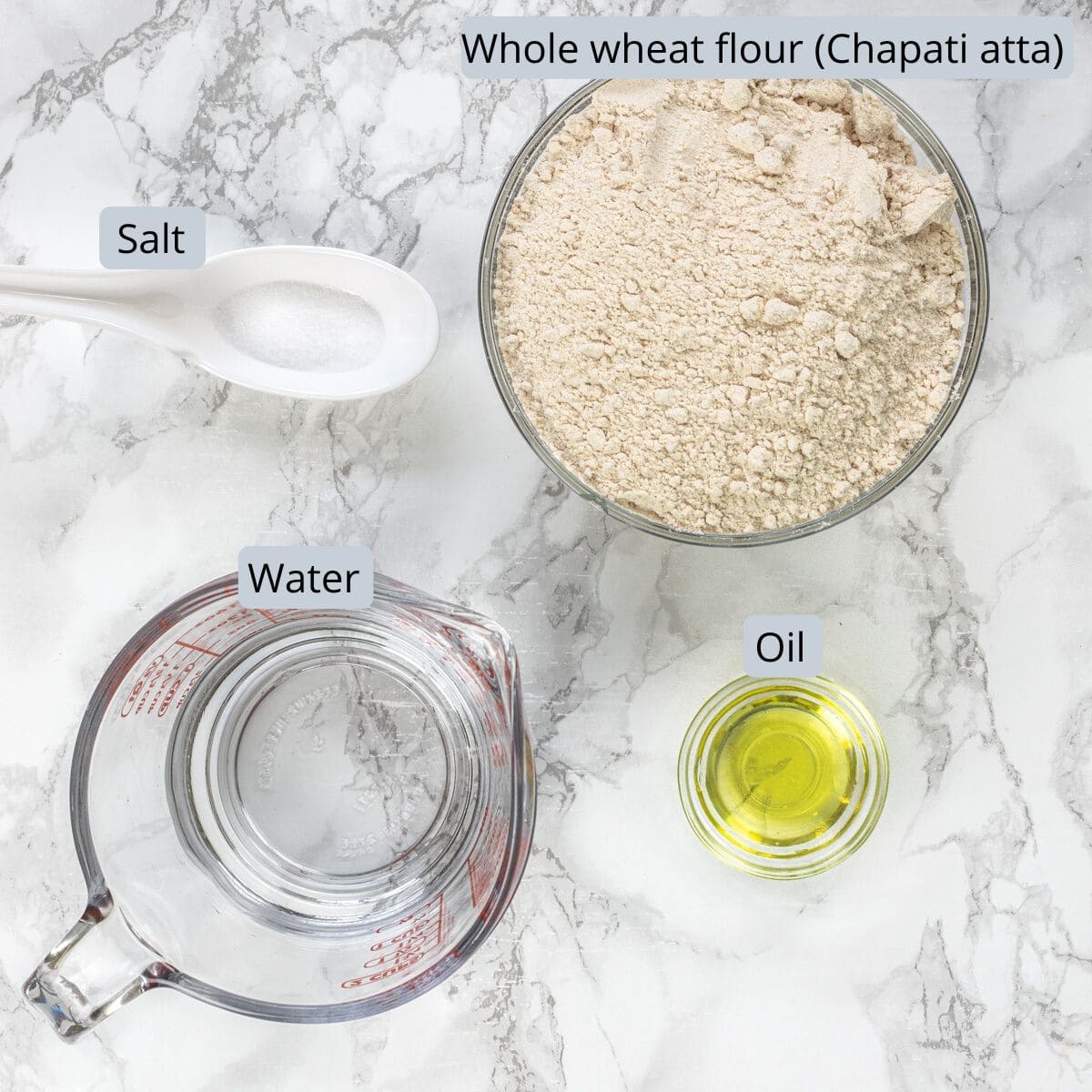 Paratha recipe ingredients in bowls and spoon with labels.