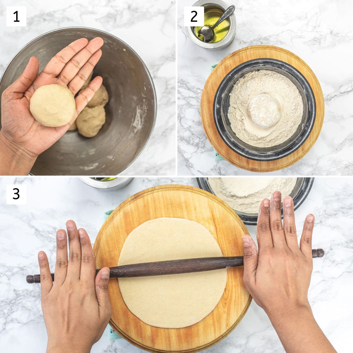 Collage of 3 images showing making a dough ball, dusting with flour and rolling into a circle.