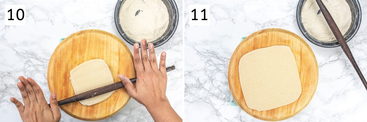 Collage of 2 images showing rolling square paratha.