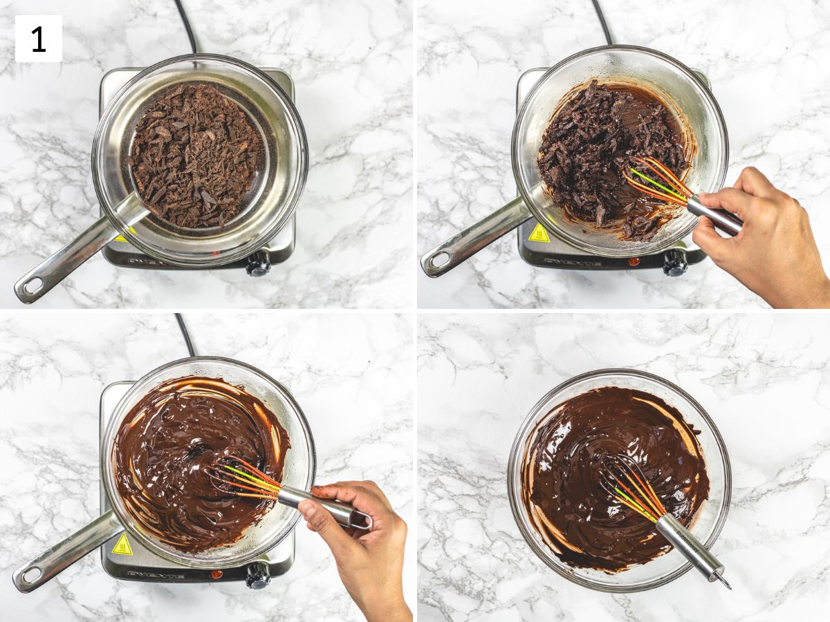 Collage of 4 images showing melting chocolate with double boiler method.