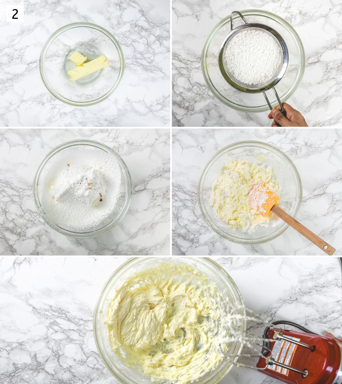 Collage of 5 images showing beating butter and sugar for frosting.