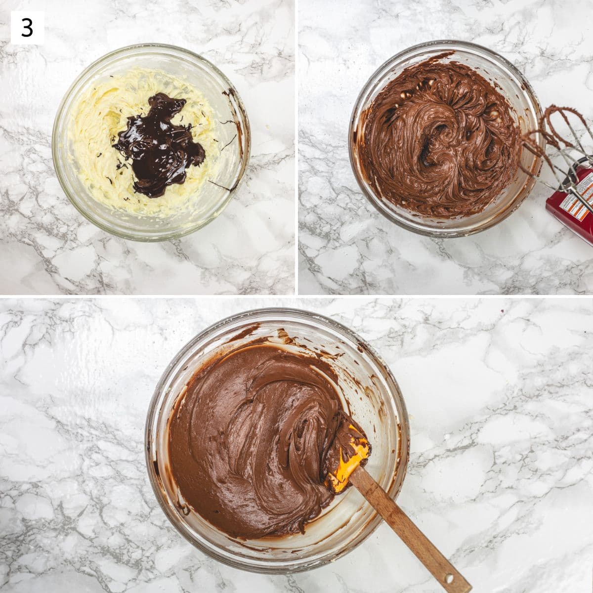 Collage of 3 images showing adding melted chocolate and beating to get frosting.