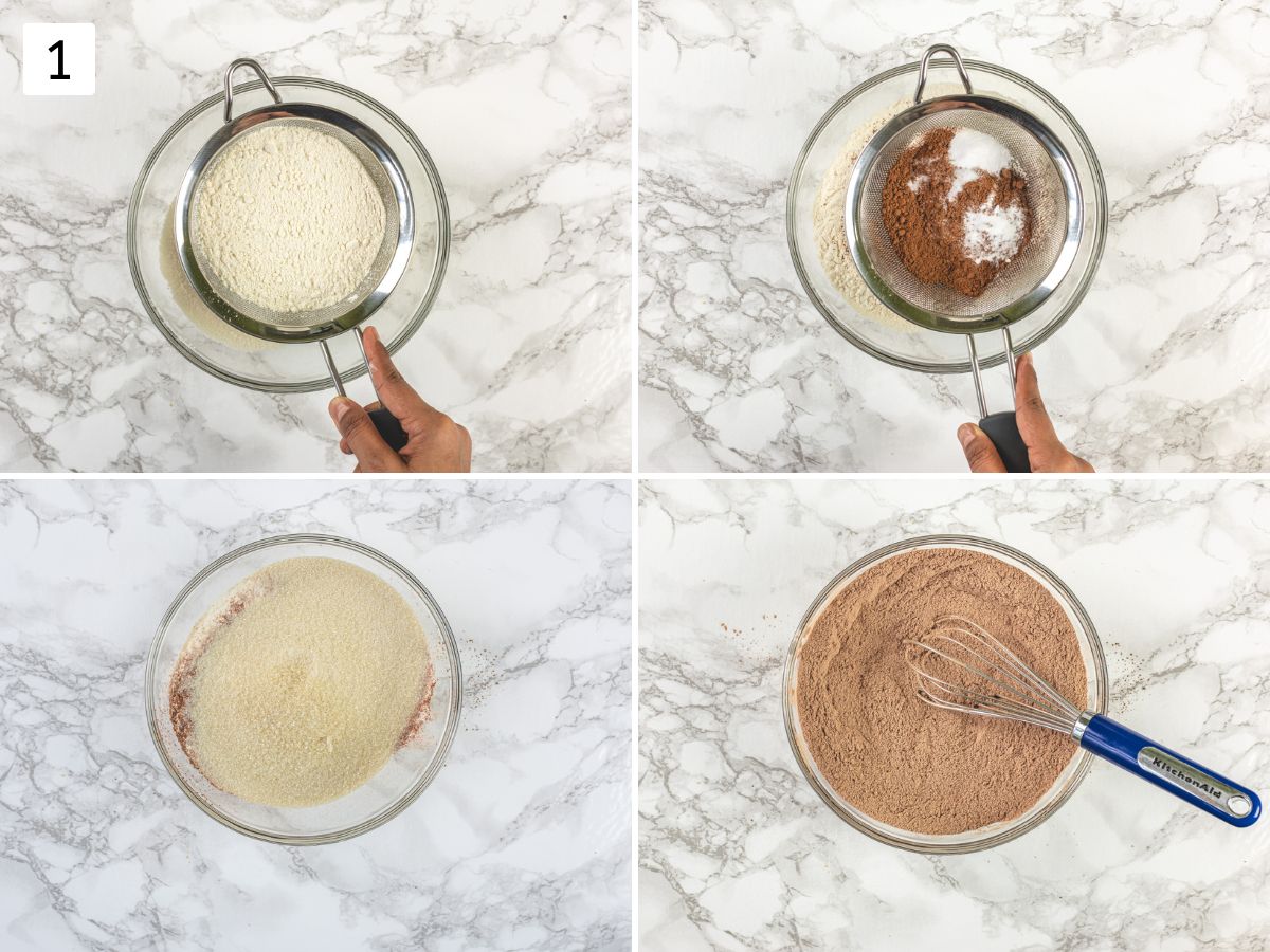 Collage of 4 images showing sifting and mixing dry ingredients.