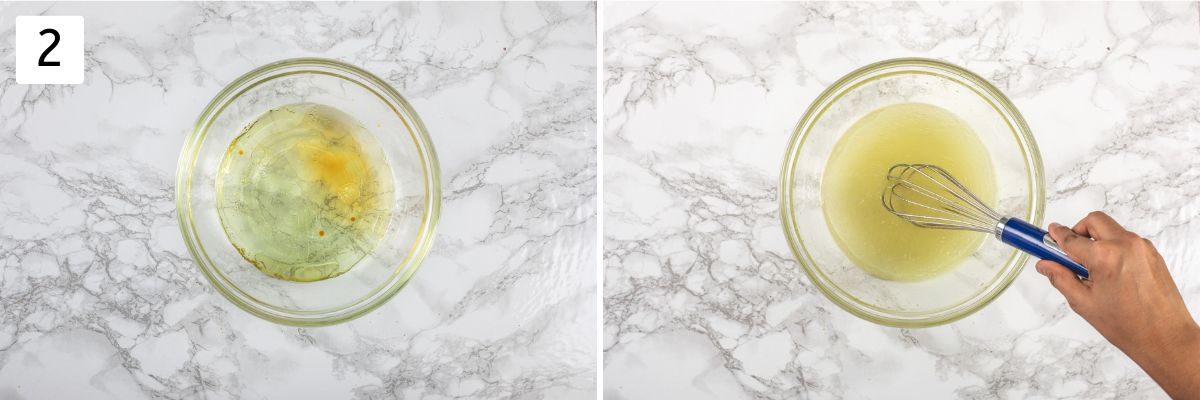 Collage of 2 images showing mixing wet ingredients.