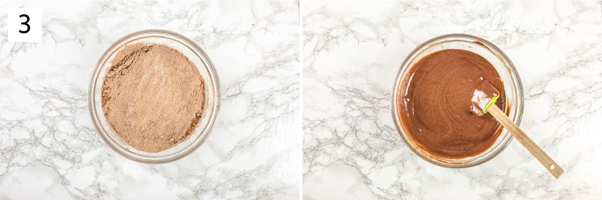 Collage of 2 images showing adding dry mixture to wet and making cupcake batter.