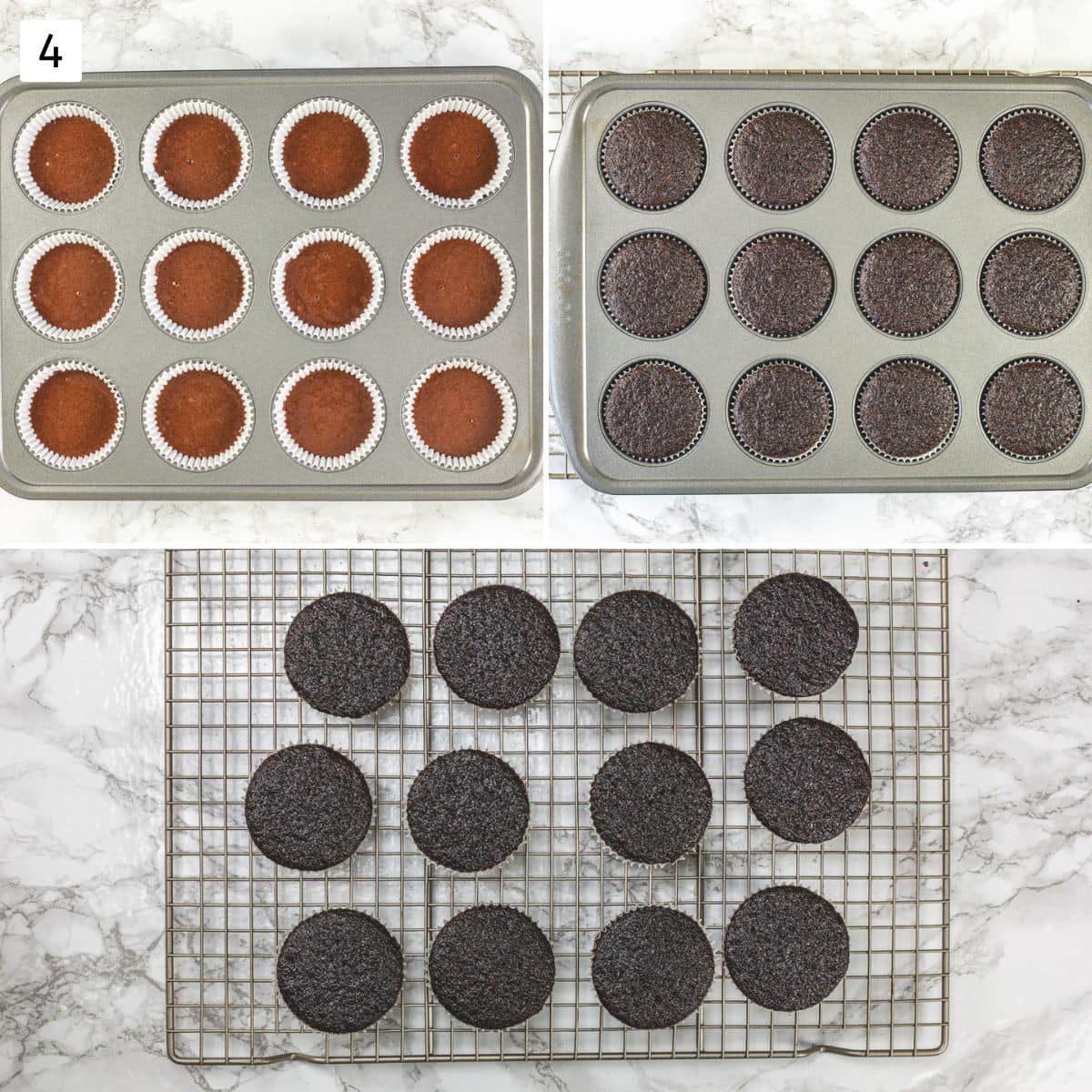 Collage of 3 images showing dividing batter into the muffin tray and baked cupcakes in the tray and on a wire rack.