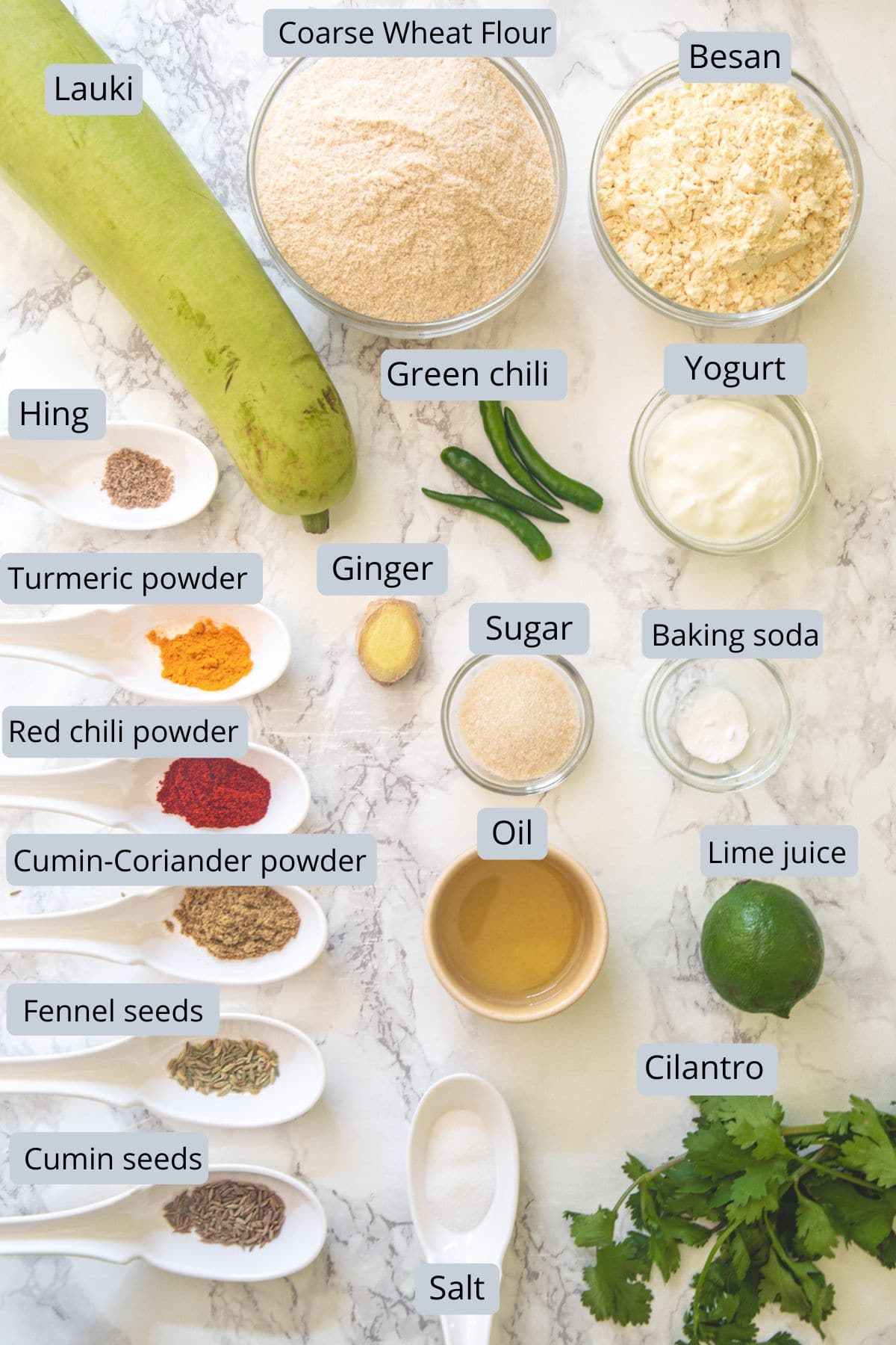 Dudhi muthia ingredients in bowls and spoons with labels.