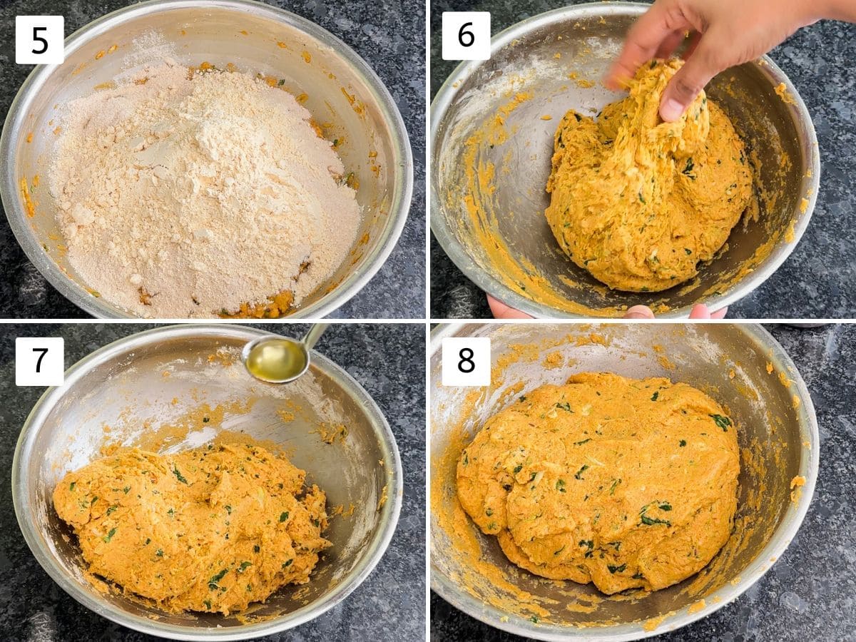 Collage of 4 images showing making a dough by adding flour.