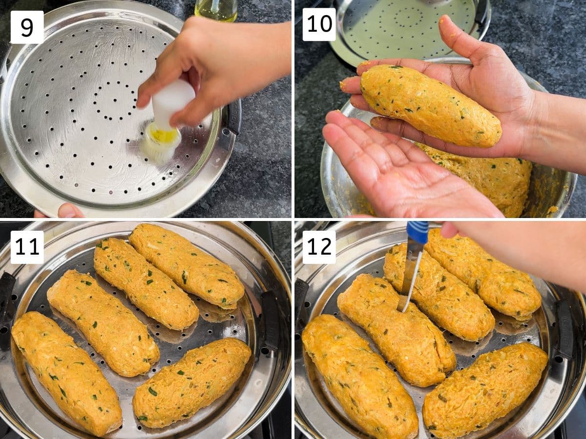 Collage of 4 images showing greasing the tray, shaping muthia and steaming.