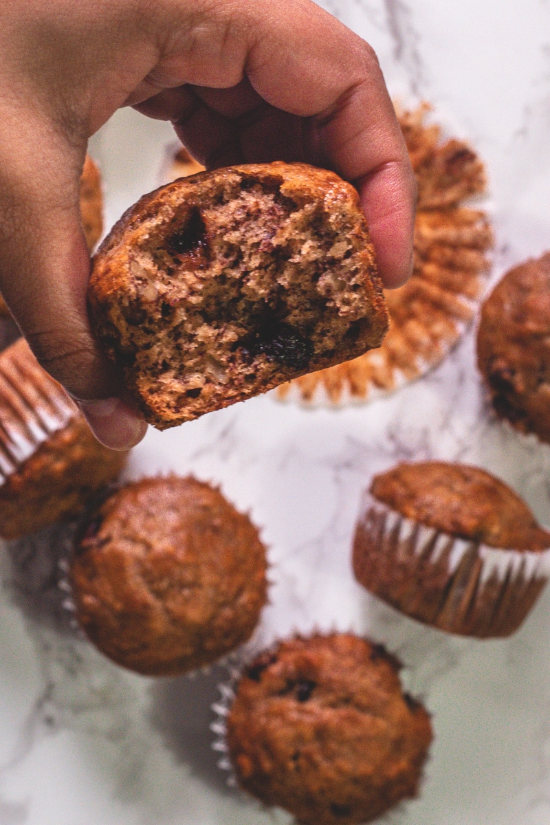 Close of inside banana muffins without eggs