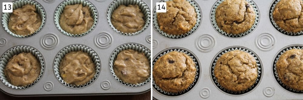 collage of unbaked batter and baked muffins pics