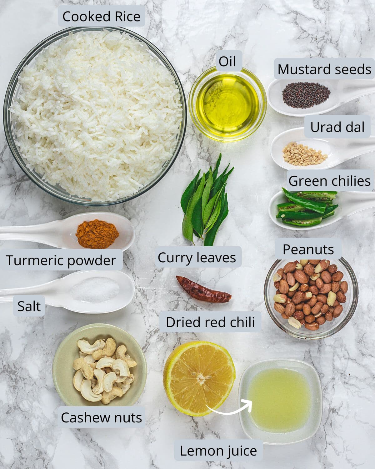 Indian lemon rice ingredients in bowls and spoons with labels.