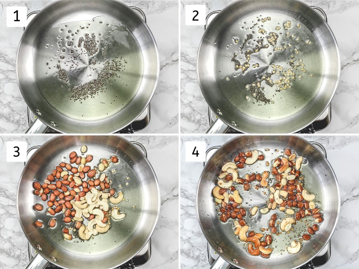 Collage of 4 images showing tempering on mustard, urad dal and frying peanuts, cashews.