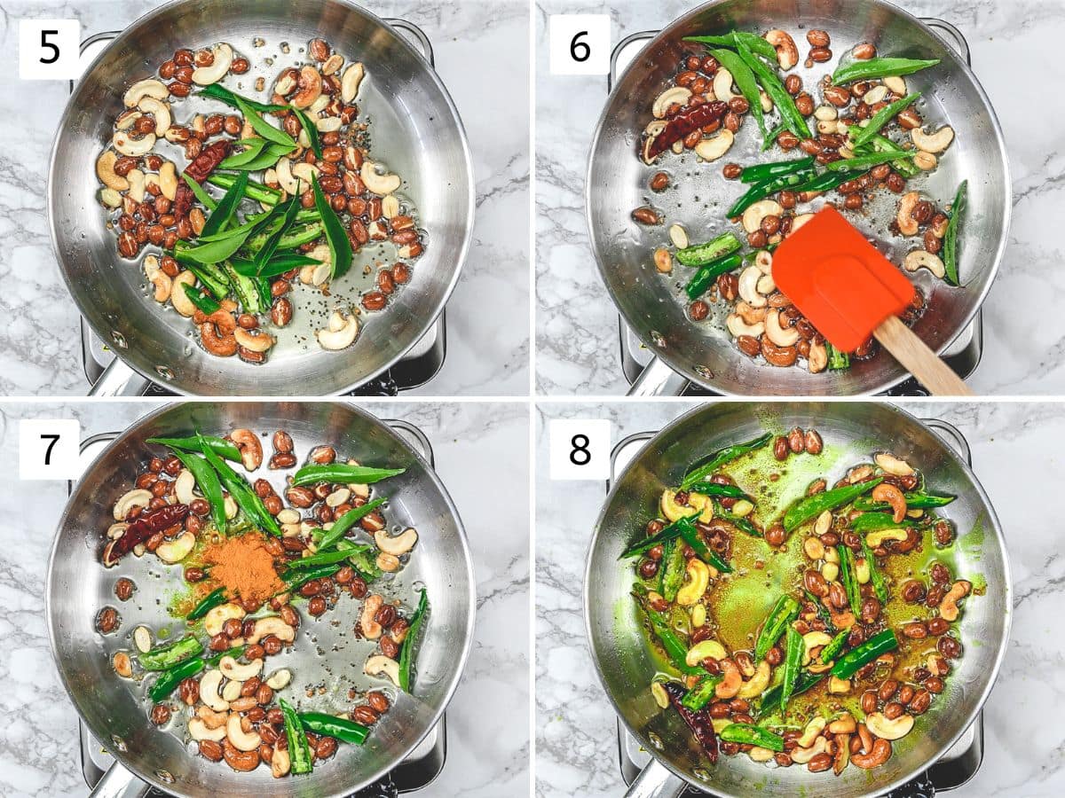 Collage of 4 images showing sauteing rest tempering ingredients.