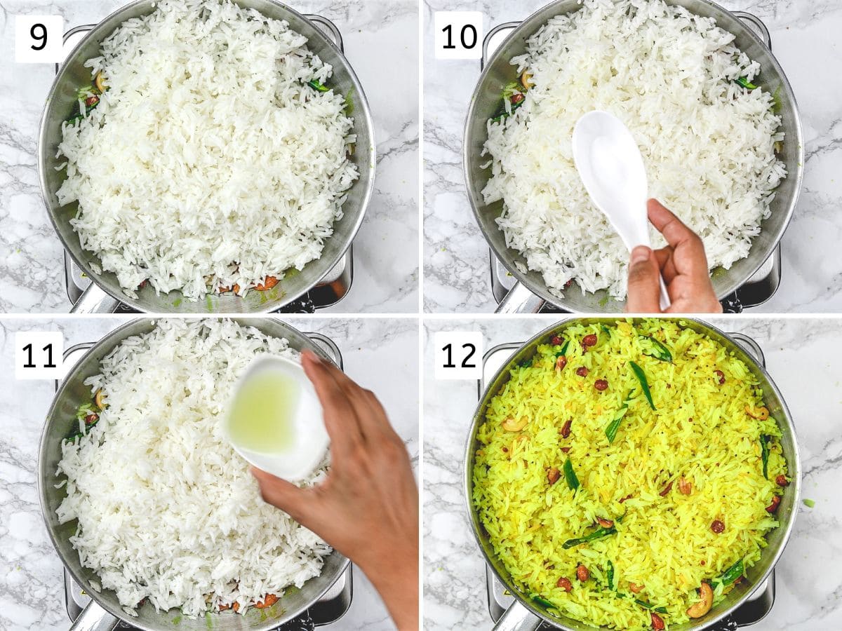Collage of 4 images showing adding rice, salt and lemon juice and mixing.