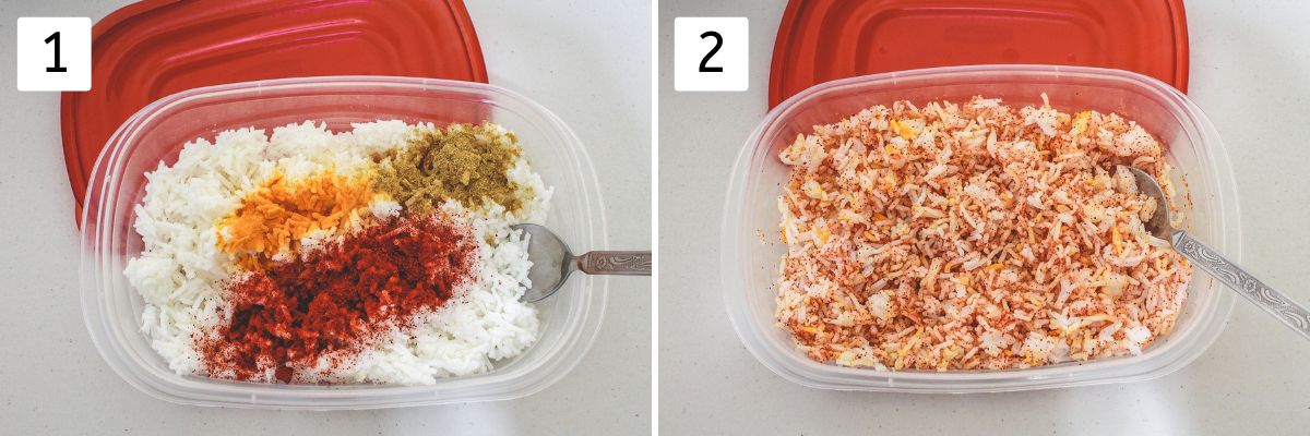 Collage of 2 images showing adding spices to the rice.