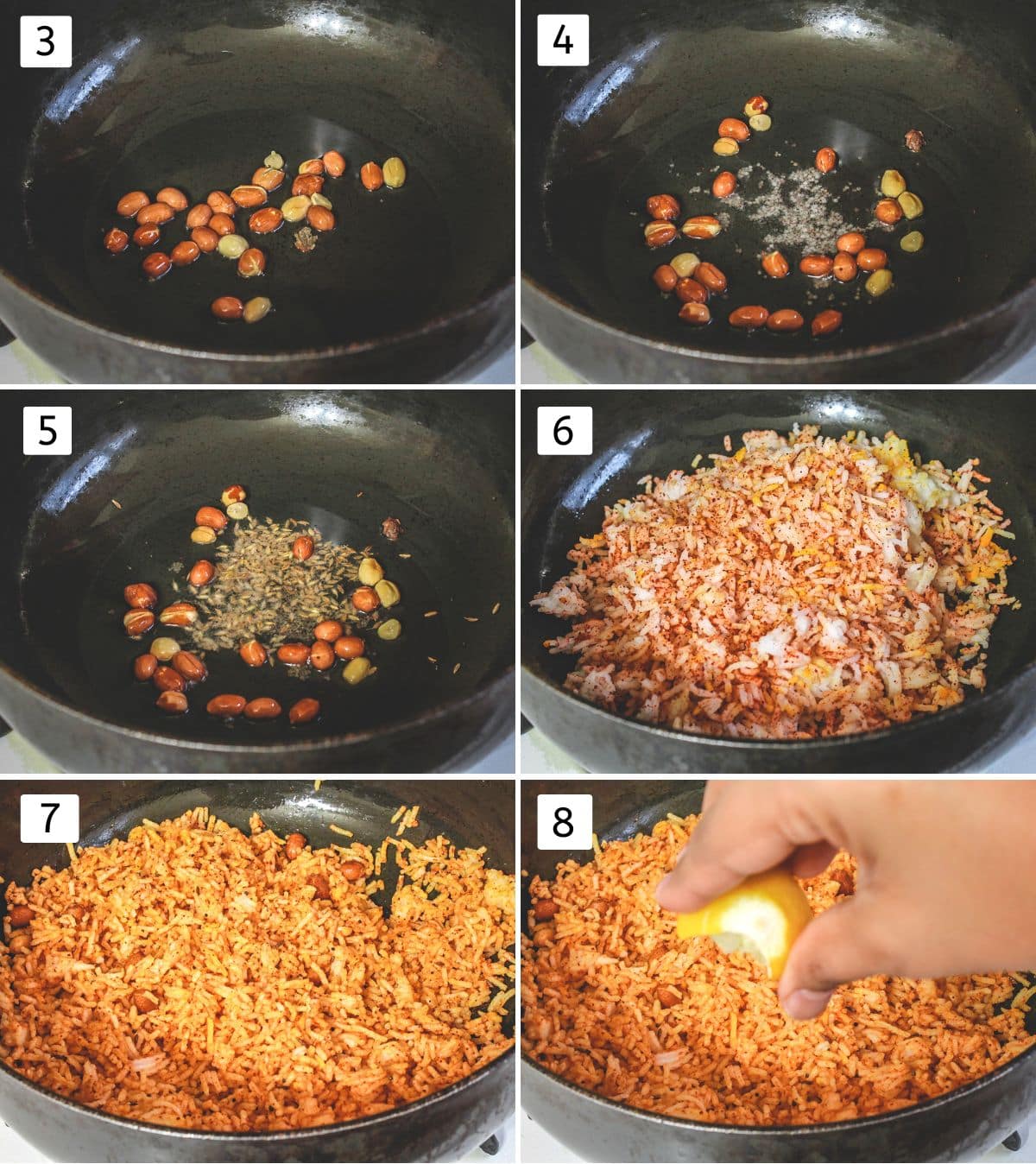 Collage of 6 images showing roasting peanuts, tempering spices and mixing rice with lemon juice.