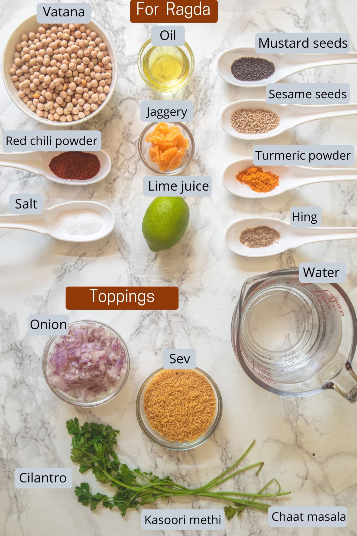 ragda patties ingredients in bowl and spoons with labels.