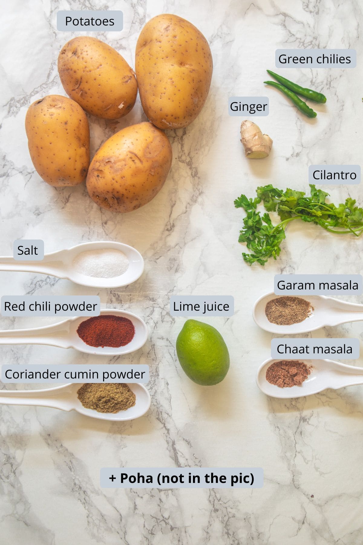 Aloo pattice ingredients in bowls and spoons with labels.