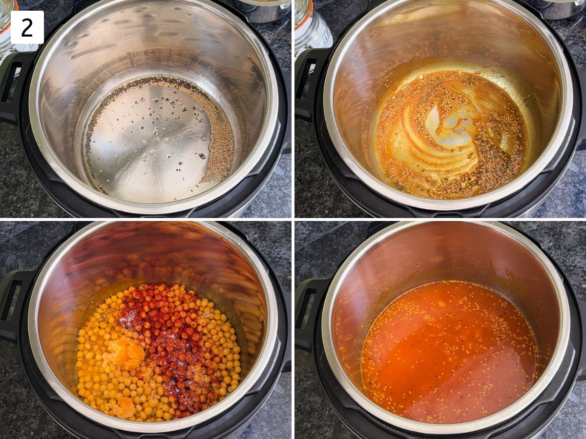 Collage of 4 images showing tempering ragda, adding spices and water in instant pot liner.