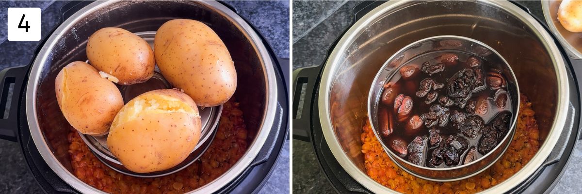 Collage of 2 images showing boiled potatoes and cooked chutney mixture.