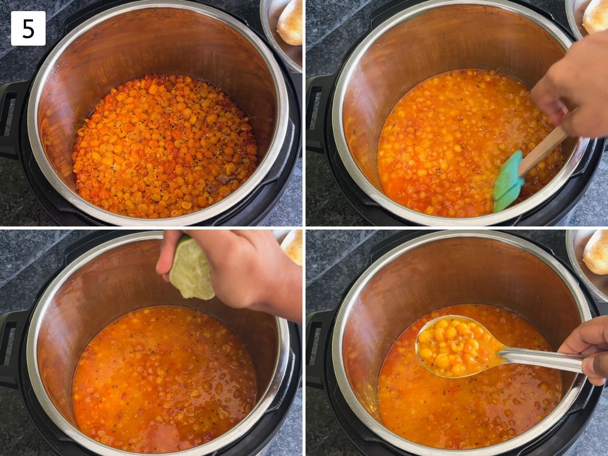 Collage of 4 images showing cooked ragda, squeezing lime juice and showing texture in a ladle.