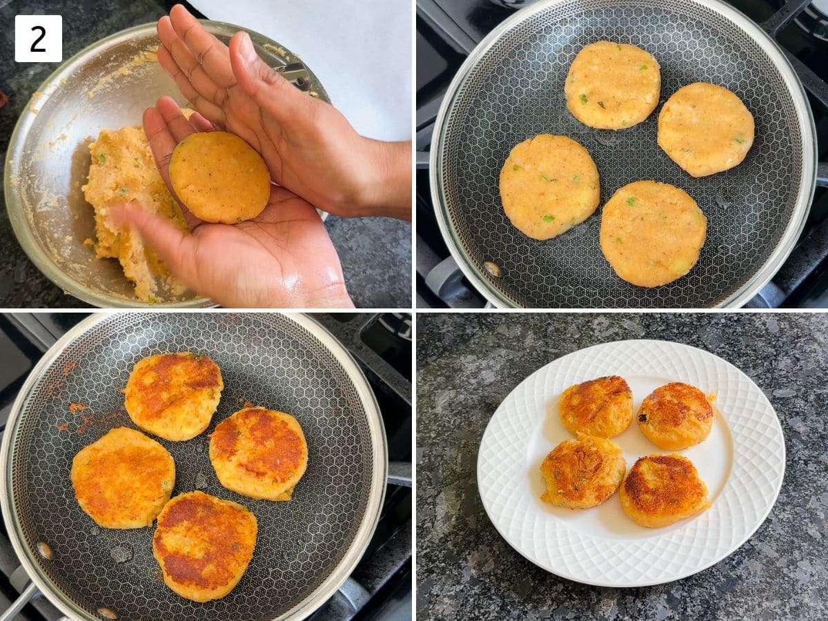 Collage of 4 images showing shaping tikki and shallow frying in a pan and removed to a plate.