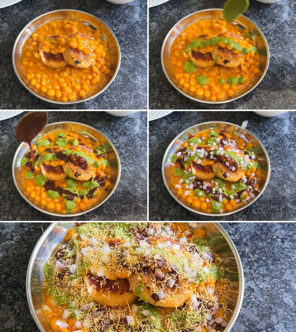 Collage of 5 images showing assembling ragda patties with tiiki, ragda, chutneys, onion and sev.
