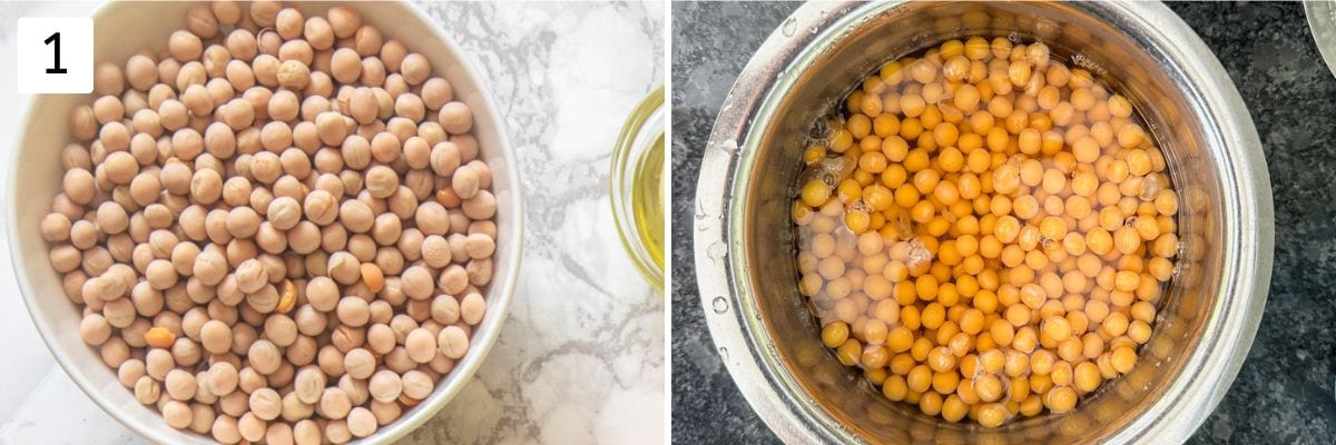 Collage of 2 images showing white vatana and soaked overnight vatana.