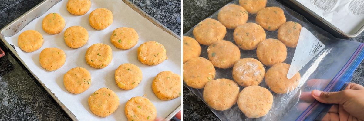 Collage of 2 images showing freezing patties on a tray and transferred to a ziplock bag.