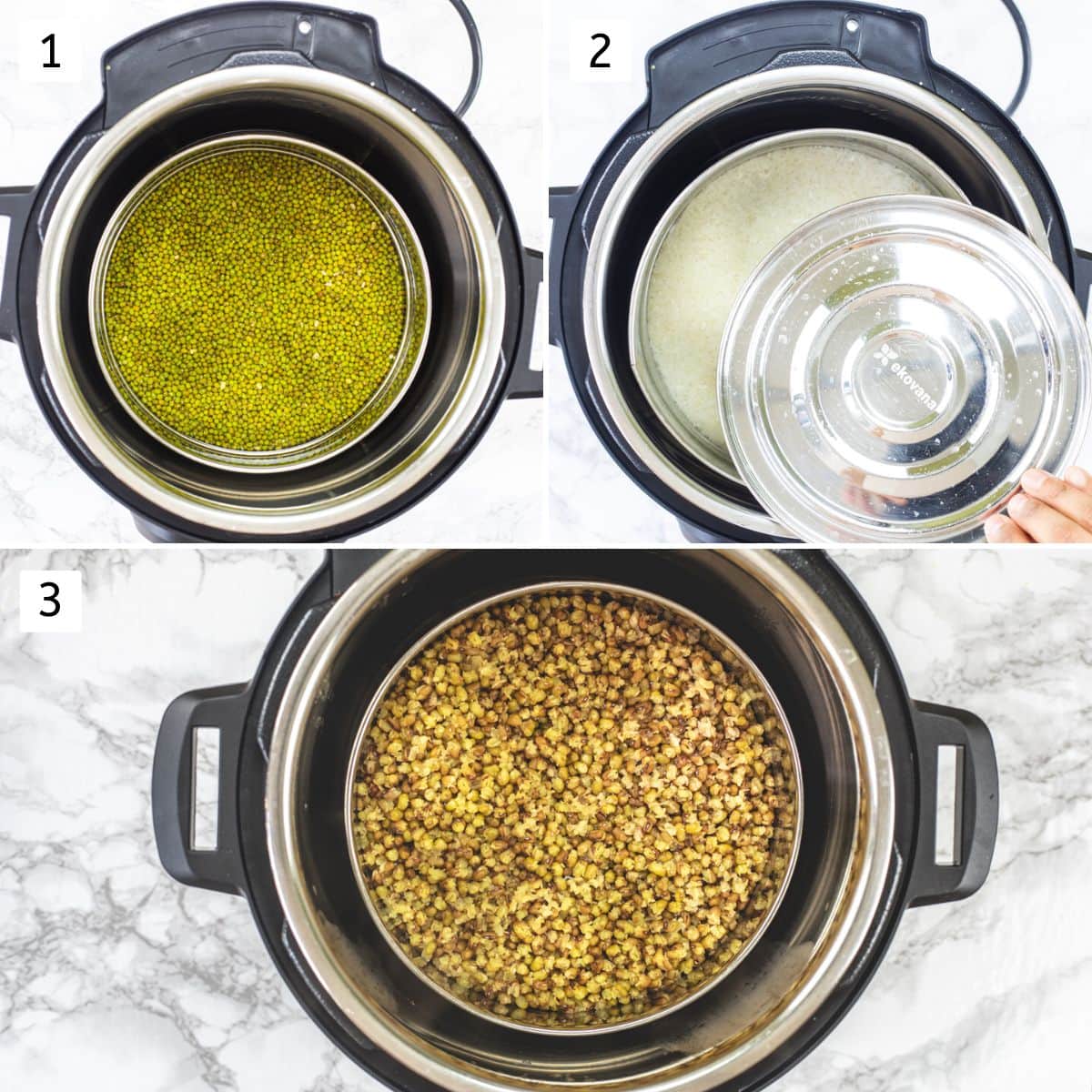 Collage of 3 steps showing cooking moong and rice in instant pot.