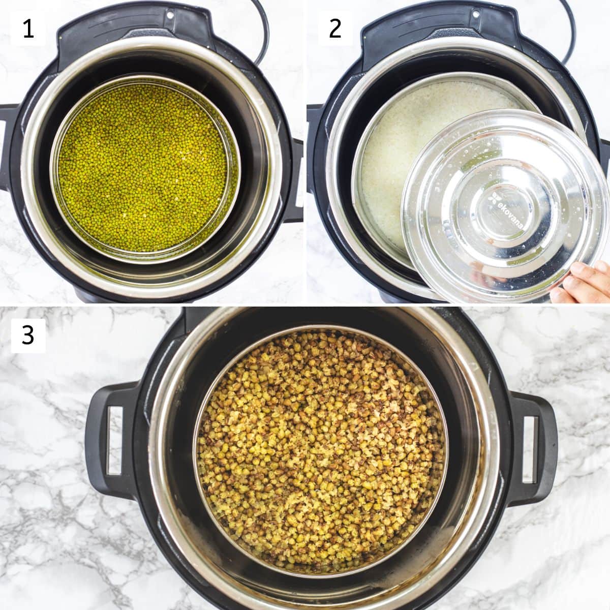Collage of 3 steps showing cooking moong and rice in instant pot.