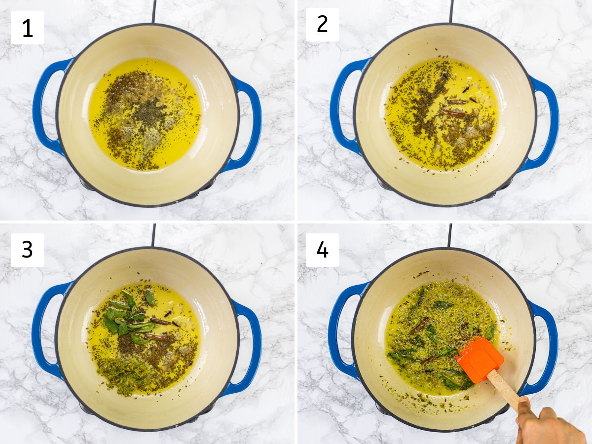 Collage of 4 steps showing tempering of mustard, cumin seeds with whole spices, curry leaves and ginger, chili paste.