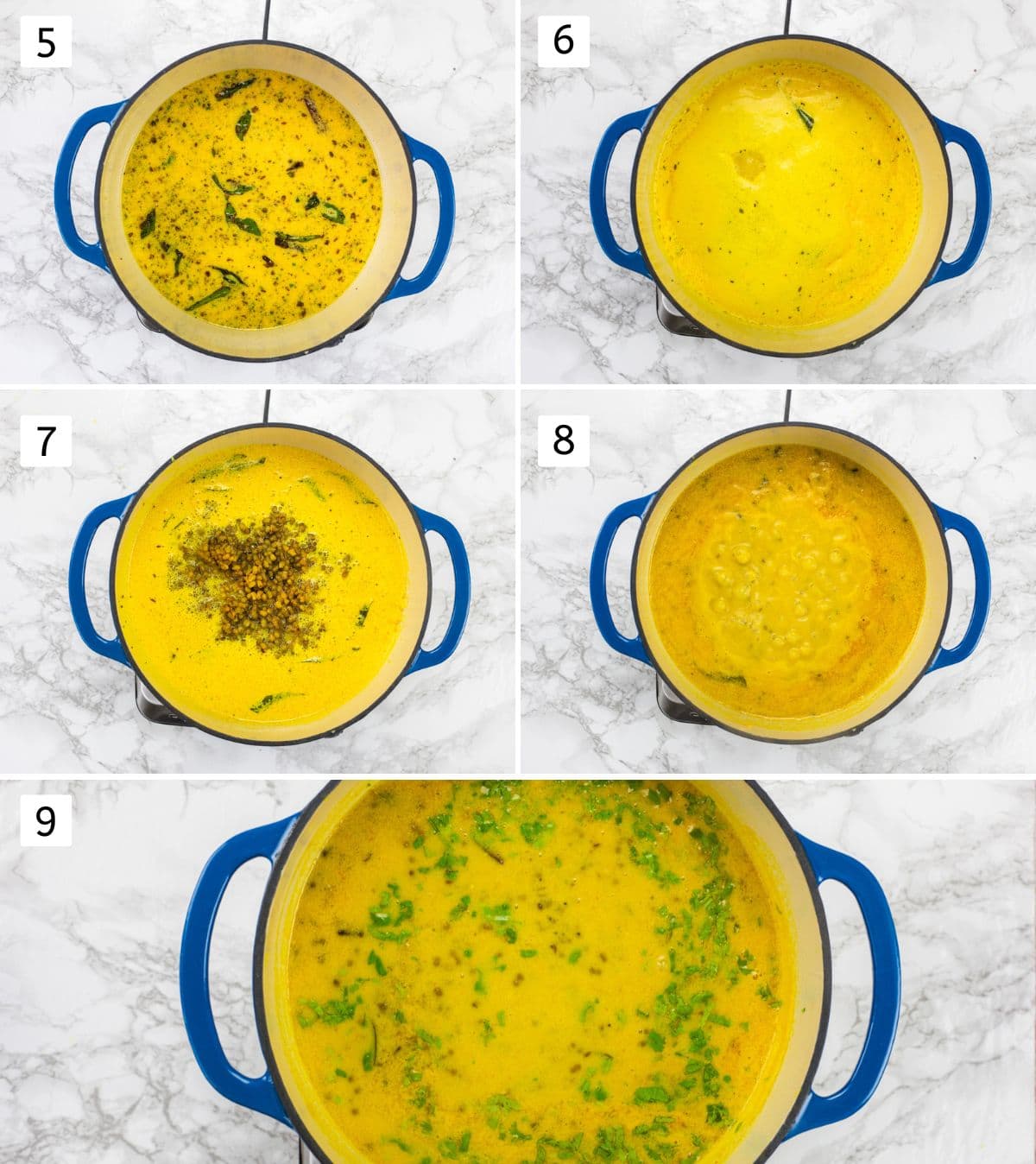 Collage of 5 steps showing simmering yogurt mixture, adding, simmering moong and adding cilantro.