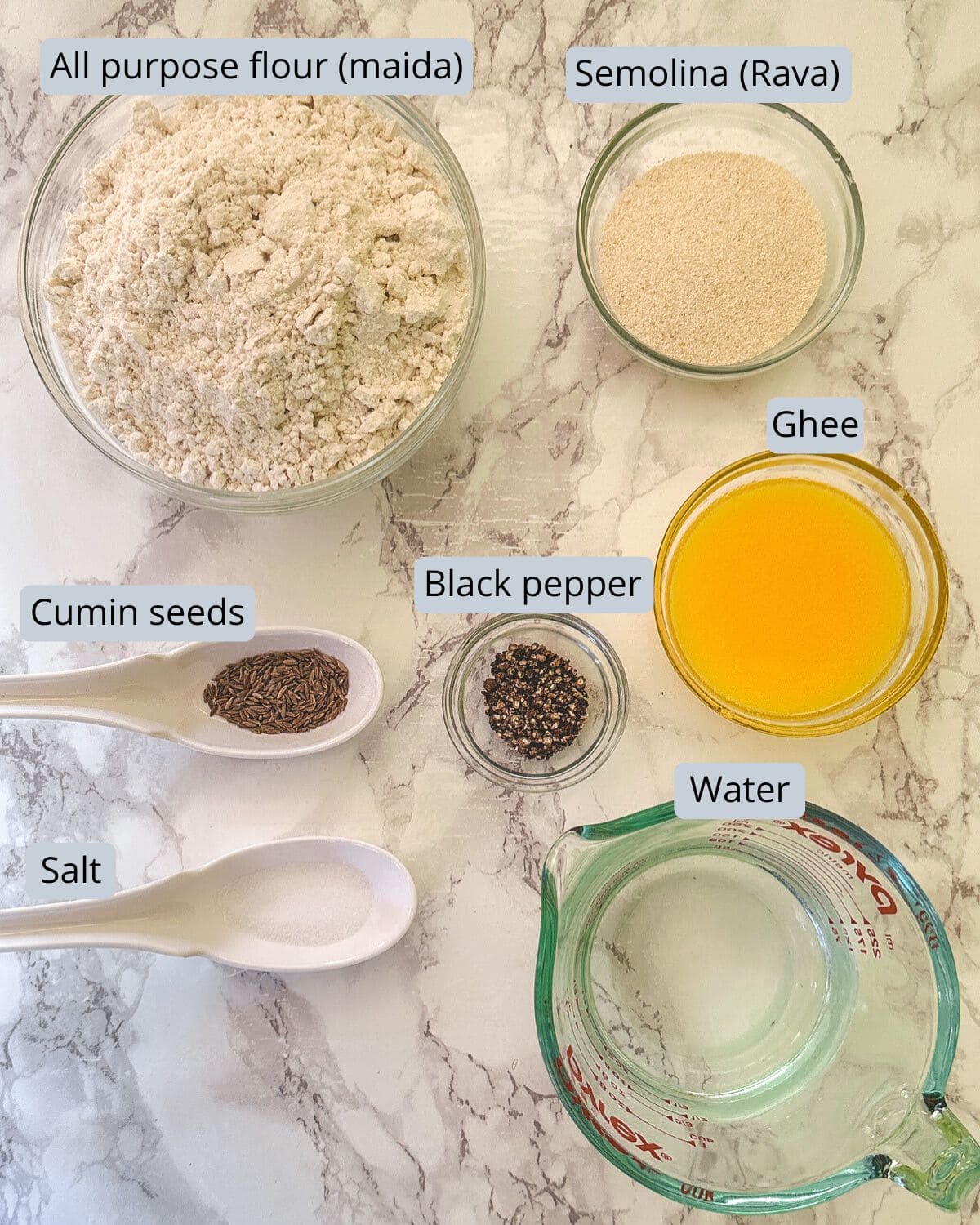 Farsi puri recipe ingredients in bowls and spoons with labels.